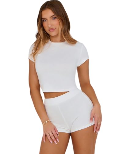 MSLG Womens Workout Sets Casual Cute Comfy Tracksuit Outfits Summer Slim Fitted Short Sleeve Tops 2 Piece Shorts Set 0733