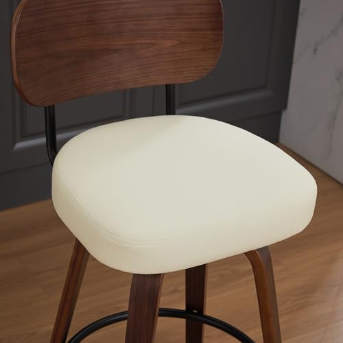Image of YaFiti Swivel Bar Stools Set of 4, 26 inch Upholstered Faux Leather Counter Height Barstools with Walnut Back & Bentwood Legs, Mid Century Modern Bar Chairs Island Stools for Kitchen Counter, Beige PU