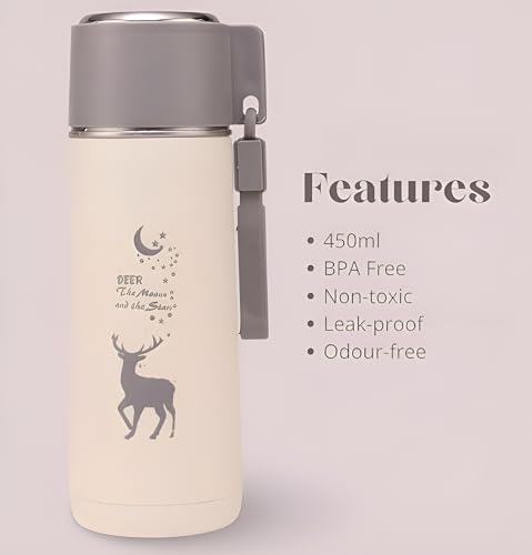 Image of Kid 450ml Water Bottle School Bottle, Cold Insulation, Leak proof & Break-proof, Kids Bottle, Easy to Carry Deer Print Water Bottle for Picnic, Office, Water Bottles with Steel Cap (White)