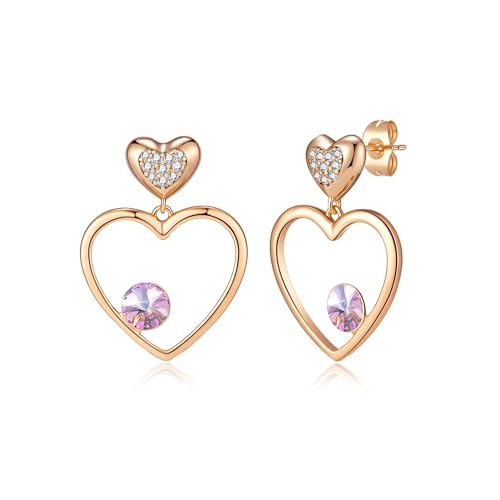 EVEVIC Austrian Crystal Double Gold Heart Dangle Earrings for Women 14K Gold Plated Hypoallergenic drop Earring Jewelry Gift