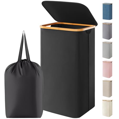 Lifewit 100L Laundry Basket with Lid, Clothes Hampers for Laundry with Bamboo Handles and 1 Removable Bag, Large Foldable Laundry Hamper for Bedroom, Bathroom, Dorm, Laundry Room, Black