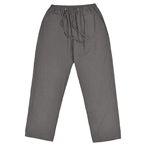 Pantalon de Yoga en Lin et Coton pour Hommes Pantalon de Plage d'été Lounge à Cordon de Serrage Pyjama Décontracté Léger à Taille élastique (Gris Foncé,L)