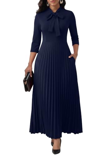 Image of FANDEE Maxi Dress for Women Formal 3 /4 Sleeve Pleated Empire Long Dress Semi Formal Tie Neck Office Work Dresses