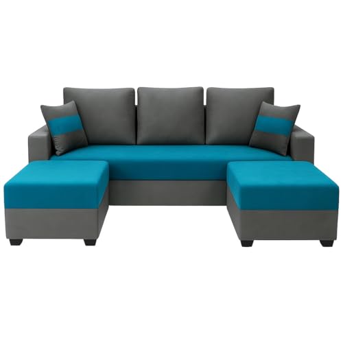 Image of FURNY Iira Sofa Set 3 Seater Velvet Fabric (Aqua Blue - Dark Grey) with 2 Ottoman | Modular Design | Living Room Furniture | Modern Stylish Sofa for Home