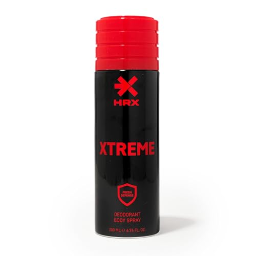 HRX Xtreme Deodorant Body Spray for Men 200ml - Premium Warm Spicy Fragrance with Notes of Cardamom, Leather, Jasmine, Oud, Patchouli & Amber - Fresh Daily Deo for Gym, Office & Everyday Use