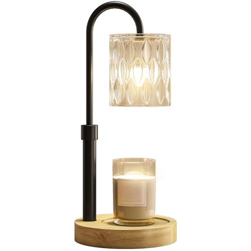 HOMCOM Lámpara de Mesita de Noche con Base de Madera y Pantalla de Vidrio Lámpara Calefactora de Velas Varilla para Dormitorio Salón Lámpara de Mesa Ø15x32,5 cm Multicolor