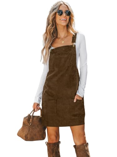 CUPSHE Damen Latzrock Quadratischer Ausschnitt Hosenträger Taschen Cord Latzkleid Overallkleid Freizeitkleider Corduroy Mini Dress Braun M