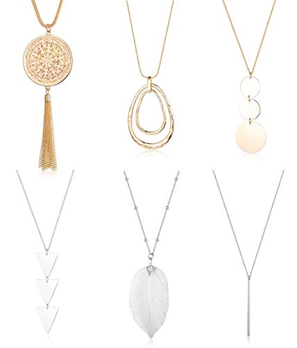 Finrezio 6PCS Long Pendant Necklace Set Tassel Pendant Simple Bar Necklace Strands for Women (Silver tone+Gold tone)