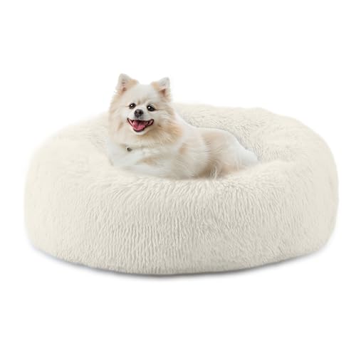Bunlitent 23'' inch Calming Dog Bed, Anti-Anxiety Donut Small Dog Bed, Warming Cozy Soft Cute Round Washable, Marshmallow Cuddler Nest Puppy Dogs and Cats Bed, White