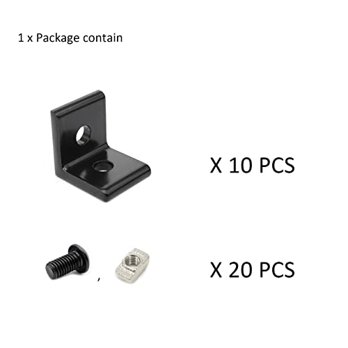 BLCCLOY 10Pcs 2020 Aluminum Extrusion T Slot Corner Bracket 20 Series Extruded Hardware L Connector with M5 Nuts Bolts for 20/20 20mm T V Slot Black Aluminum Profile Rail Accessories