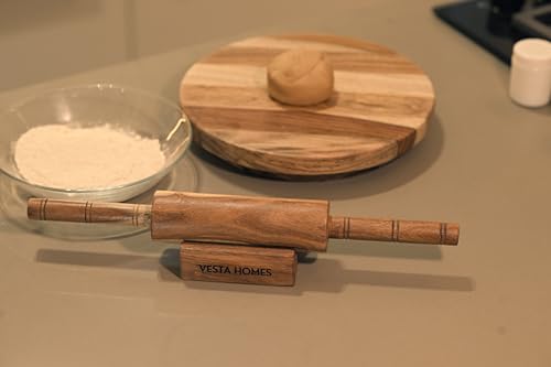 Vesta Homes Wooden Chakla Belan Set for Kitchen | Premium Solid Wood Roti Rolling Board and Pin with Stand | 9 * 9 * 1.5, 13 * 1.75 Inches | No Chemical Polish | Handcrafted in India