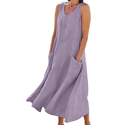 Vestidos de mujer del Reino Unido para mujer, vestido casual liso, cuello en V redondo, sin mangas, con bolsillos, vestido suelto de empalme, talla grande, Morado (, XXL