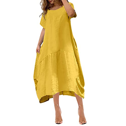 Italienische Kleider Sommerkleid Damen Sexy Enges Kleid Damen Oversize Leinenkleid Mit Tasche V-Ausschnitt A-Linie Kurzarm Midi Einfarbig...