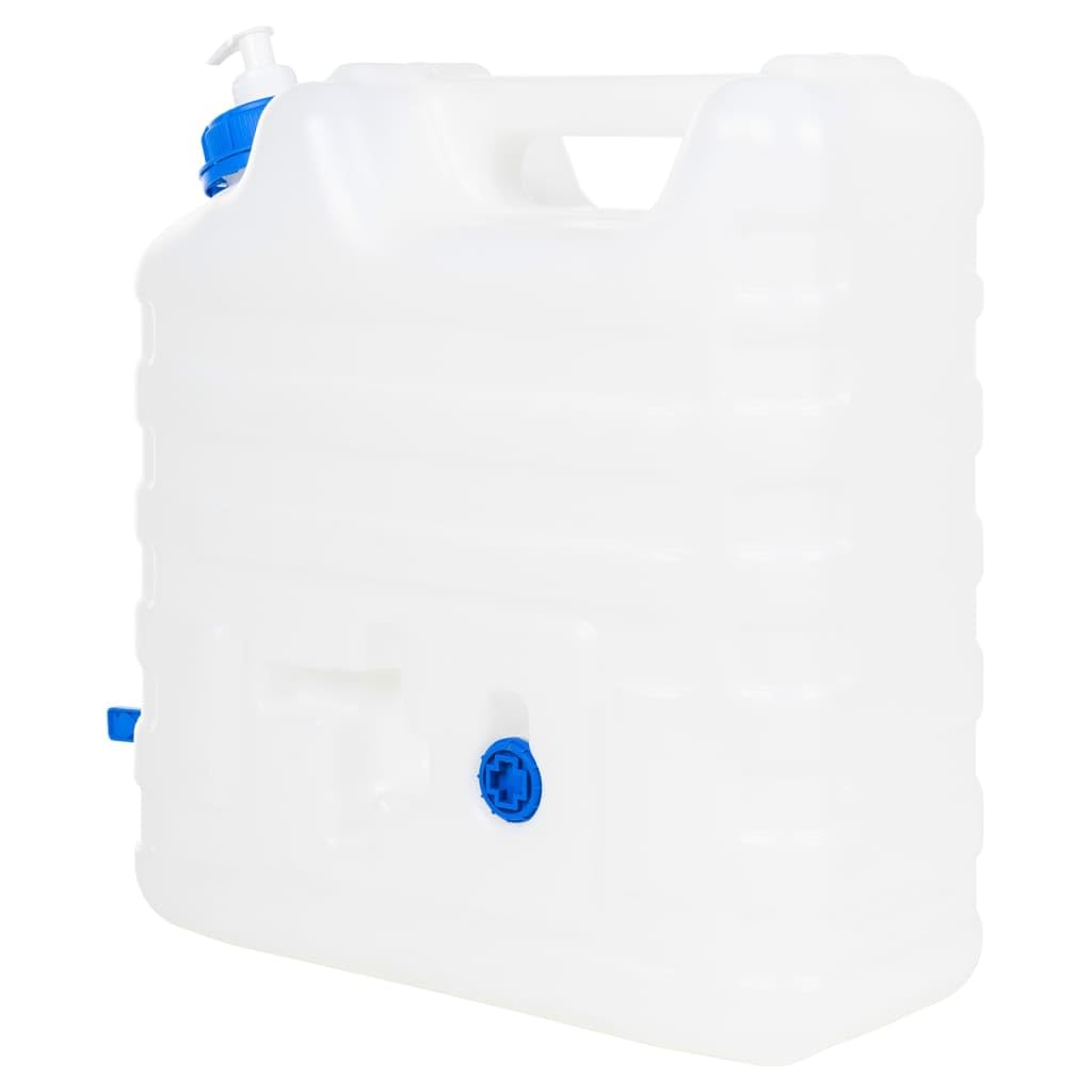 Pojemnik na wodę z kranem i dozownikiem mydła, 15 l, tworzywo sztuczne HDPE, kanister z możliwością układania w stos z uchwytem do noszenia, praktyczny pojemnik na zapasy na kemping, do domu