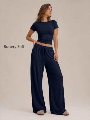 Image of Trendy Queen 2 Piece Matching Summer Lounge Set Womens Side Ruching Top Wide Leg Pants Sets with Pockets