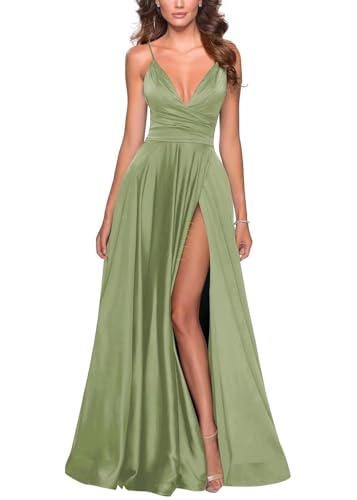Image of Tvuyet Satin Bridesmaid Dresses with Slit Pleated A Line Spaghetti Straps Formal Prom Evening Gowns