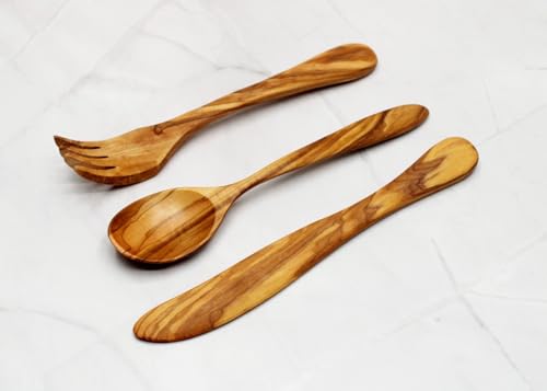 DAGDEG Olivenholz Set Besteck Set, 3- teilig, 20 cm, Mediterranes Tischbesteck, Tafelbesteck aus Olivenholz,Tafelbesteck Löffel, Gabel,Messer,...