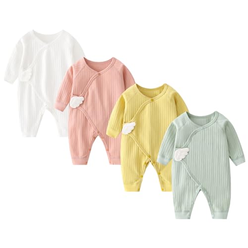 Image of Newborn Baby Romper - Unisex Cotton Bodysuit for Infant Baby Boys Girls 4 Pack Long Sleeve Button Solid Jumpsuits