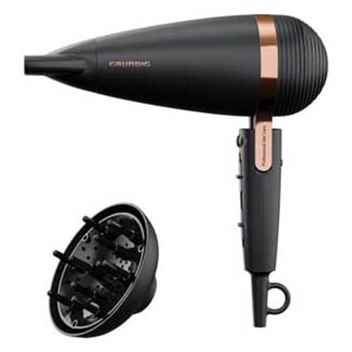 GRUNDIG Naturashine HD 8080 suszarka do włosów z funkcją joniki, 2 dysze do stylizacji, 2300 W, 3 poziomy temperatury i 2 poziomy przepływu powietrza, poziom zimna, czujnik Smart On/Off, kabel 3 m,