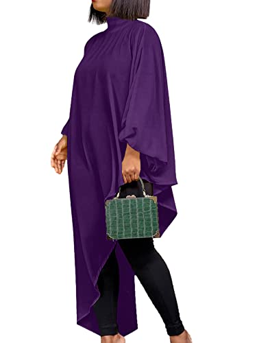 Lyaner Women's Mock Neck Asymmetrical High Low Balloon Long Sleeve Long Shirt Blouse Tunic Top Purple X-Large #TOP1