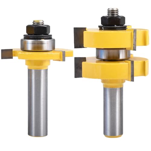 HOHXEN Jeu de 2 Mèches de Toupie pour Languettes et Rainures, Fraise à Bois 3 Dents en Forme de T, Outils pour le Travail du Bois-(Queue de 1/2'', Largeur Dent de 1/2&1/4'', Profondeur Dent de 1/2)