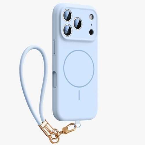 Coque silicone liquide iPhone 17 Pro Max premium avec doublure fibre et dragonne bleu