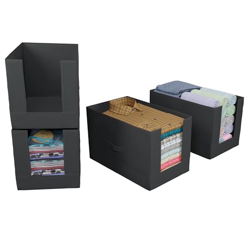 Image of Kuber Industries Pack of 4 Storage Organizer | Non-Woven Shirt Stacker | Foldable Wardrobe Organizer for Clothes | T-Shirts Organiser for Wardrobe | Black