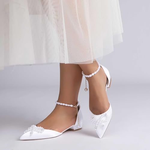 Women's Pointed Toe Sandals With Pearl Ankle Strap | Closed-toe Satin Bride Shoes For Wedding | Graduation Shoes With Pearl Bow | Wedding Party & Homecoming Dress Heels2