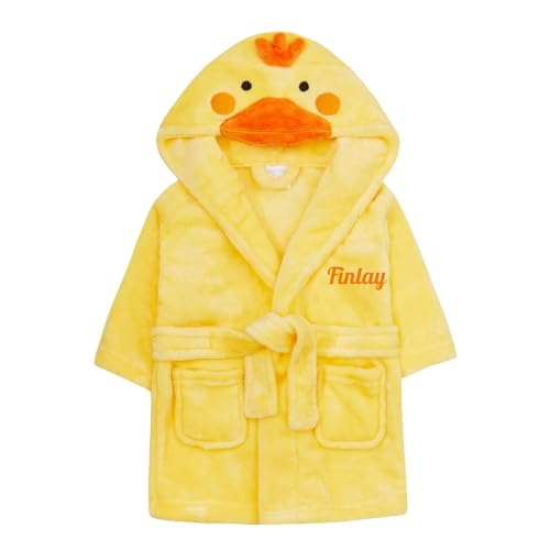 Style It Up Albornoz personalizado para bebés y niñas a juego con bata de forro polar suave y acogedor terciopelo cálido regalo bordado, Pato amarillo novedoso, 0-6 meses