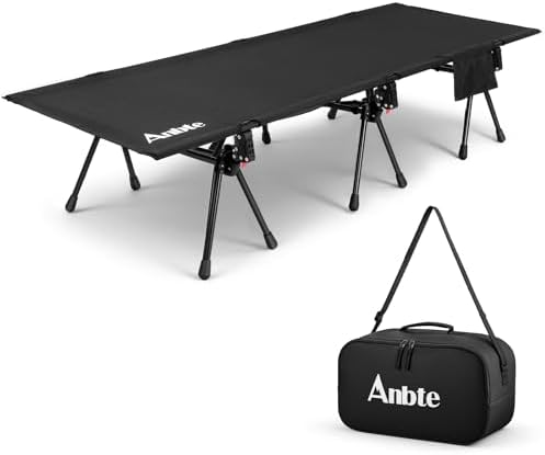 Anbte Ultralight Camping Cot with Storage Net & Bag, Height Adjustable Support up to 400lbs, Comfortable Portable Cots for Adult Folding Bed for Camping, Hiking, Travel, Truck, Beach, Office, Black