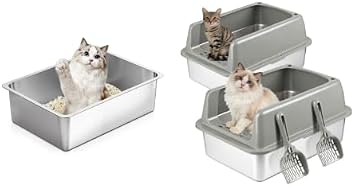 Kirecoo Stainless Steel Cat Litter Box, Kirecoo 2 Pack Stainless Steel Litter Box with Lid