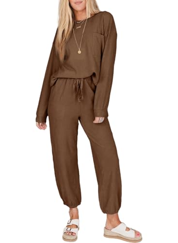 SHEWIN Women's 2 Piece Outfits Waffle Knit Lounge Sets Casual Long Sleeve Pullover Drawstring Jogger Pants Tracksuit Set2