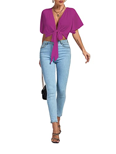 Image of LYANER Women's Sexy Deep V Neck Tie Front Wrap Cropped Blouse Bell Short Sleeve Ruffle Crop Tops