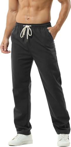 Hoerev Pantalones de Lino Informales de Verano para Hombre Estilo Playero,Negro,Large
