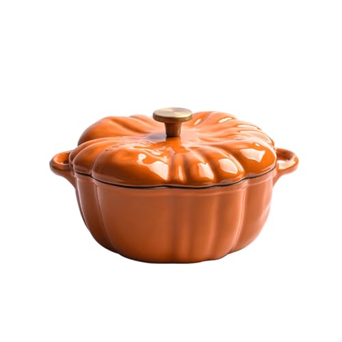 Enameled Cast Iron Dutch Oven with Lid, 1.32 qt Cute Halloween Decor Pumpkin Pot, Covered Dutch Oven Stockpot Baking Dish, Pumpkin Casserole for Fall Thanksgiving Decor, Oven & Stove Safe (Orange)