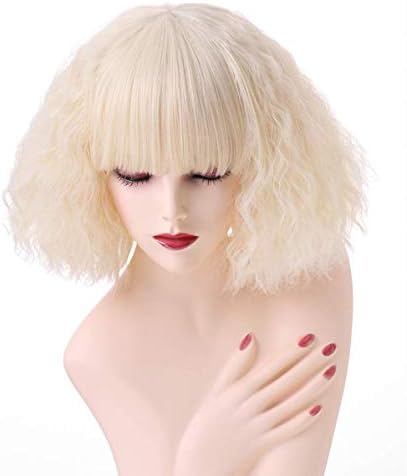BESTUNG Short Corn Wavy Curly Blonde Bob Wigs for Women Ladies Synthetic Full Hair Natural Honey Ash Strawberry Gold Wig with Bang for Rocker Cosplay Costume