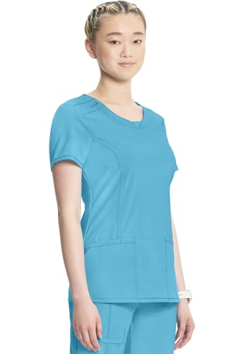Infinity Cherokee Scrubs For Women Round Neck Scrub Top with 3 Pockets & 360° Stretch 2624A, S, Turquoise