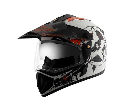 Vega Off Road Secret ISI Certified Matt Finish Full Face Dual Visor with Peak Helmet for Men and Women Outer Clear Visor and Inner Smoke Sun Visor(Dull White Black, Size:M)