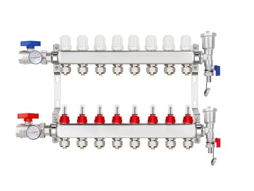 YUFUYEK 8-Branch PEX/Radiant Heat Manifold，1/2" PEX Tubing Manifold,304 Stainless Steel Floor Heat Manifold Kit with 1/2" Adapters Included for Hydronic Radiant Floor Heating (8-Loop)