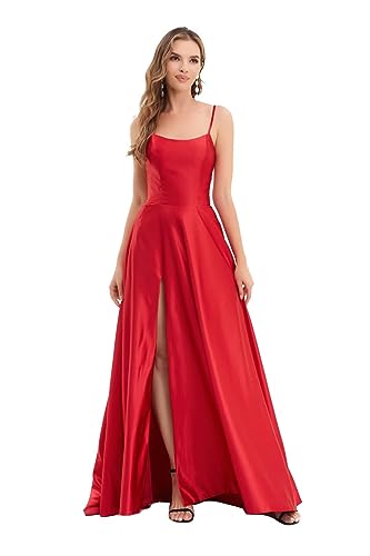 Image of Women's Prom Dress Long Train Side Slit Satin for Teens Strap Spaghetti Backless with Pockets Hunter Green