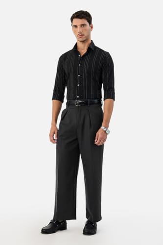 Image of SNITCH Men Casual Trousers | Baggy Fit Wide-Leg Design with Pleated Front & Button Closure | Durable Polyester Blend & Medium-Stretch Fabric for Summer Wear
