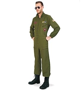 KarnevalsTeufel Kampfpilot Olivgrün Overall für Herren mit Brille (XL)