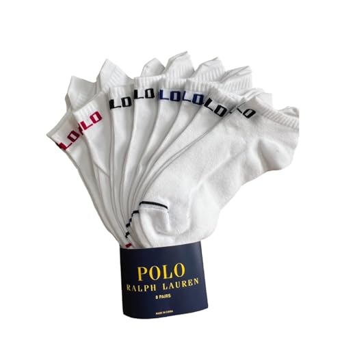 Image of POLO RALPH LAUREN 8 Pair White Tab No-Show Low-Cut Ankle Socks, Multicolor Trim (Red, Blue, Black, Navy), ZP827511PKN8, Size 10-13