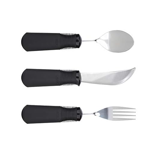 Adaptive Utensils. Good Grips 3 Piece Weighted Utensil Set – 6 oz. Rocker Knife, Bendable Fork and Spoon. Non Slip, Built Up Handle. Helps Parkinsons, Spasticity, Arthritis, Limited Hand Control