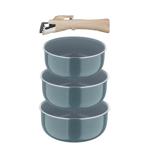 Bergner | Set 3 Cazos con Mango Desmontable | Aluminio Prensado Reciclado | Revestimiento Antiadherente PPG Fusion | Cocina, Hornea y Almacena con Comodidad | Apto para Todas las Cocinas
