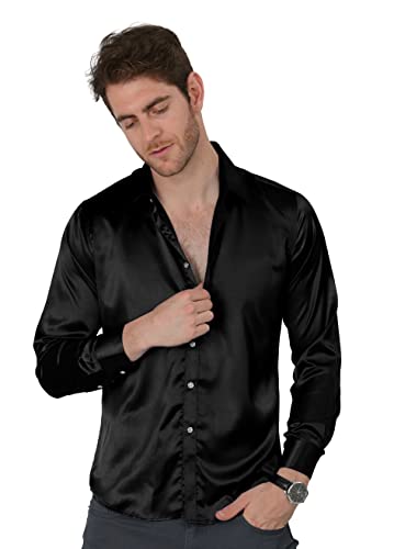 Vicalled Men's Satin Luxury Dress Shirt Slim Fit Silk Casual Dance Party Long Sleeve Fitted Wrinkle Free Tuxedo Shirts Black #TOP2