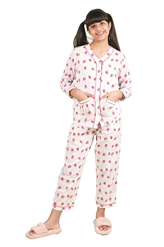 Image of Tweeny Mini Kids Girls Pure Rayon Night Suit | Sleepwear| Night Wear | Nightdress | Top Shirt & Pyjama Combo Set Floral Printed with Pockets Full Sleeves