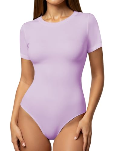 Image of YOGINGO Womens Short Sleeve Bodysuit Crew Neck Slim Fit Basic Body Suit Top Soft Stretch Leotard