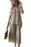 Women's 2 Piece Outfits Flowy Ruffle Tops Palazzo Pants Suits Elegant Casual Dressy Two Piece Linen Sets Camel