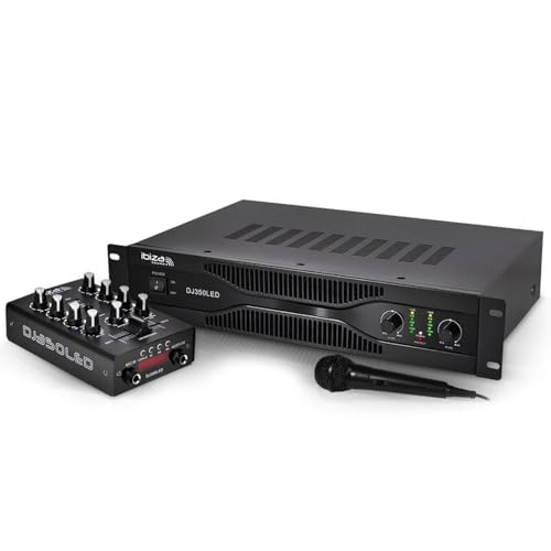 Pack Sono DJ Karaoke IBIZA DJ350LED Ampli stéréo 2x250W + Table de mixage 2 canaux USB/Bluetooth + Micro